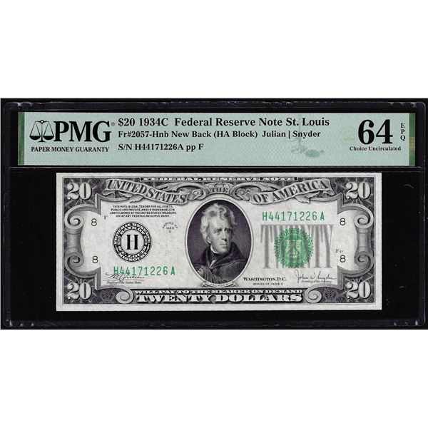 1934C $20 Federal Reserve Note St. Louis Fr.2057-Hnb PMG Choice Uncirculated 64EPQ