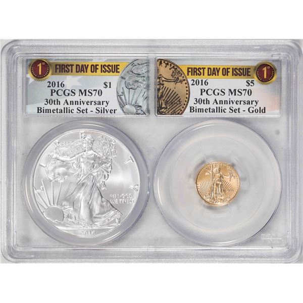 2016 $1 American Silver & $5 Gold Eagle 30th Anniversary Bimetallic Set PCGS MS70 FDOI