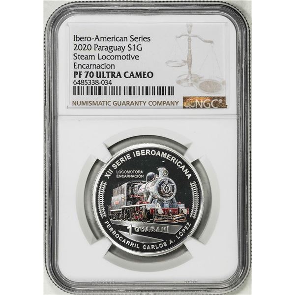 2020 Paraguay 1 Guarani Steam Locomotive Trains Silver Coin NGC PF70 Ultra Cameo