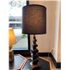 Image 1 : DANISH MODERN BLACK STACKED TABLE LAMP FEATURING TEAK BASE, TEAK ACCENT, NEW BLACK LINEN SHADE