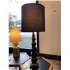 Image 2 : DANISH MODERN BLACK STACKED TABLE LAMP FEATURING TEAK BASE, TEAK ACCENT, NEW BLACK LINEN SHADE