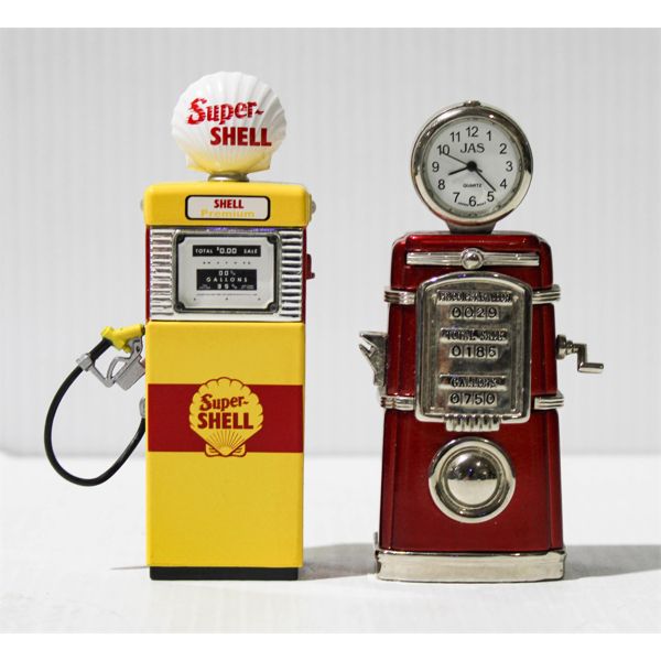 2 VINT DIECAST GAS PUMPS SUPER SHELL & JAS CLOCK