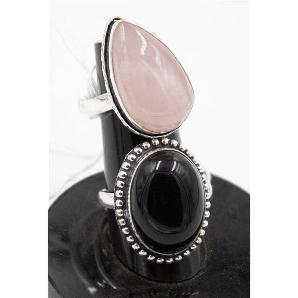 #153-NATURAL PINK ROSE QUARTZ  & BLACK ONYX RING