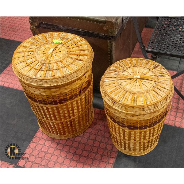 TWO WICKER BASKETS 13" AND 15" DIA X 20" HIGH