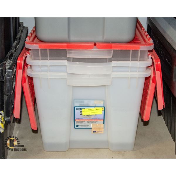 3 RED LIDDED STORAGE TOTES