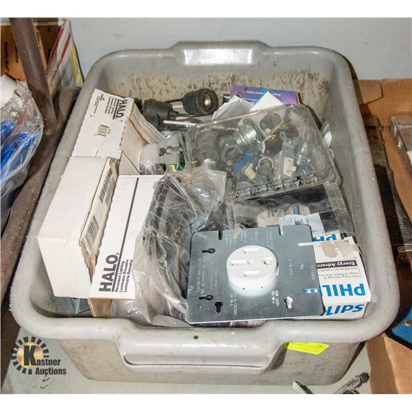 GRAY BIN FULL OF ELECTRICAL HARDWARE