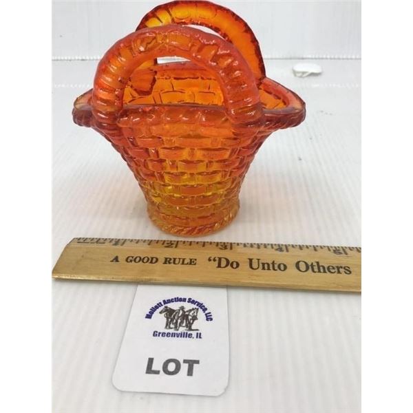 VINTAGE AMBERINA GLASS SMALL BASKET WITH HANDLES