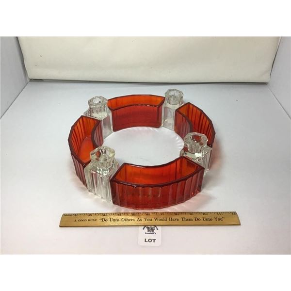 RED, CLEAR ART DECO RIBBED GLASS CIRCULAR VASE &