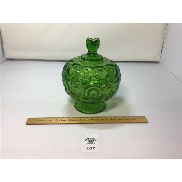 L E SMITH VINTAGE MOON & STARS GREEN LIDDED CANDY