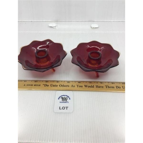 AMBERINA RUBY RED LOTUS SHAPED CANDLE HOLDERS 2