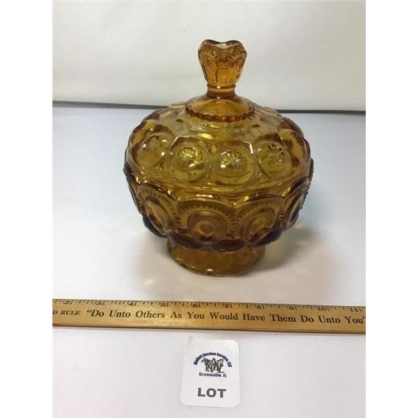 L E SMITH VINTAGE MOON & STARS AMBER GLASS LIDDED