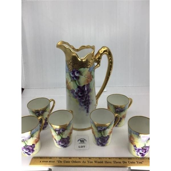 J P LIMOGES HAND PAINTED PITCHER AND CUPS