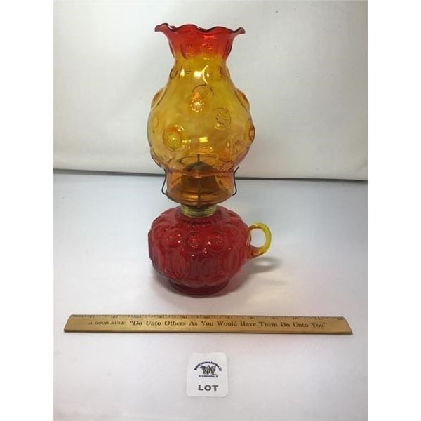 L E SMITH VINTAGE MOON & STARS AMBERINA OIL LAMP