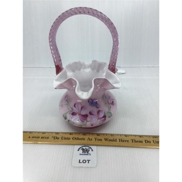 FENTON PINK BUTTERFLY HAND PAINTED BASKET