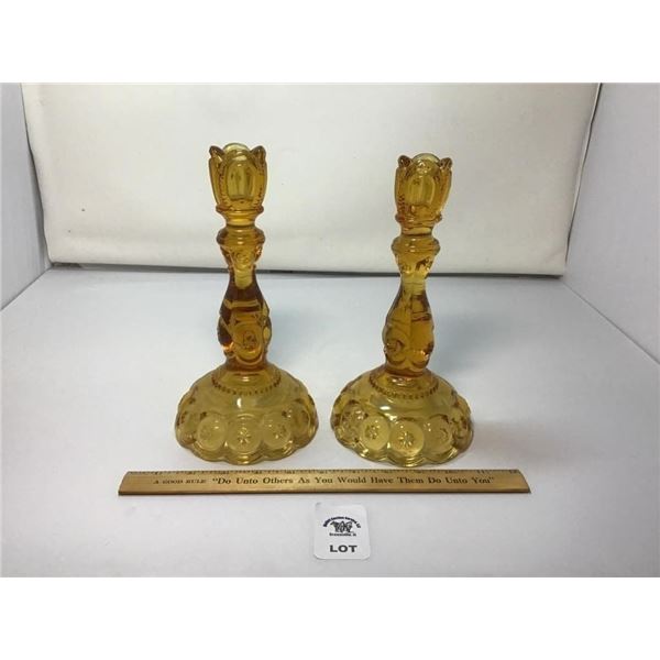 L E SMITH VINTAGE MOON & STARS AMBER CANDLESTICKS