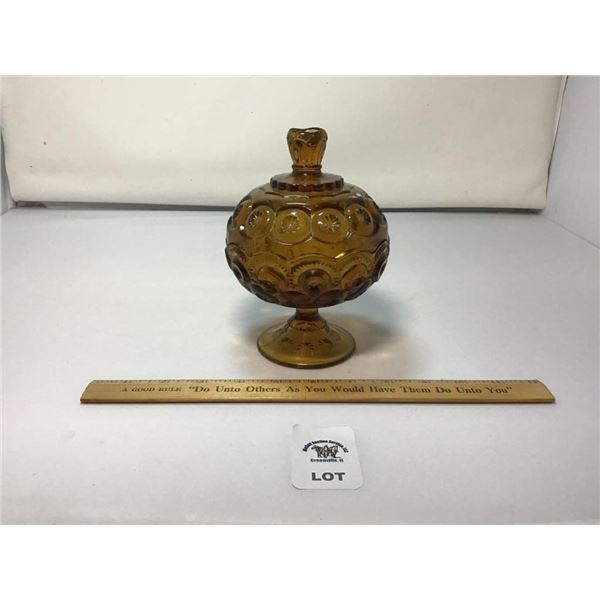 L E SMITH VINTAGE MOON & STARS AMBER GLASS LIDDED