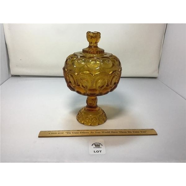 L E SMITH VINTAGE MOON & STARS AMBER GLASS LIDDED