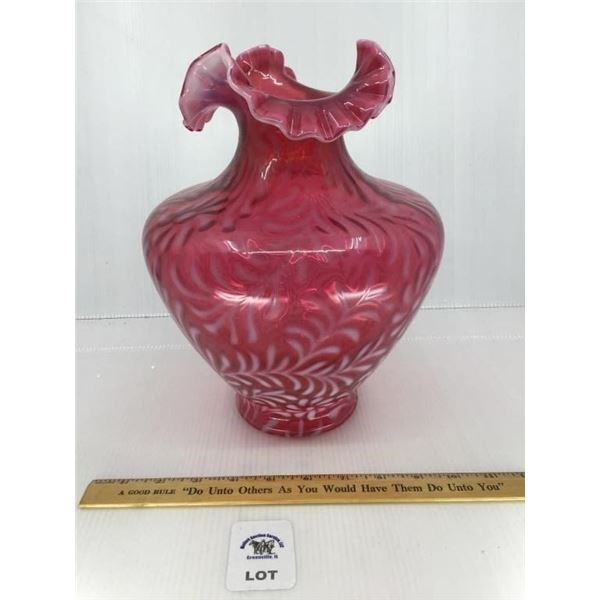 FENTON CRANBERRY DAISY AND FERN VASE