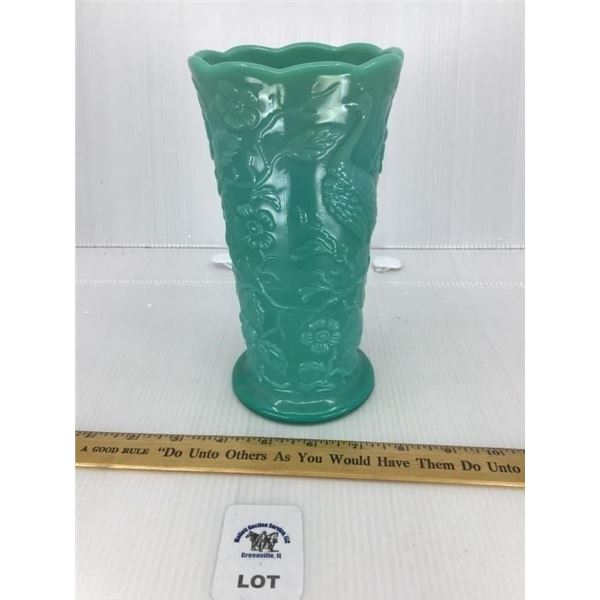 FENTON GREEN PEACOCK VASE 8 INCHES TALL