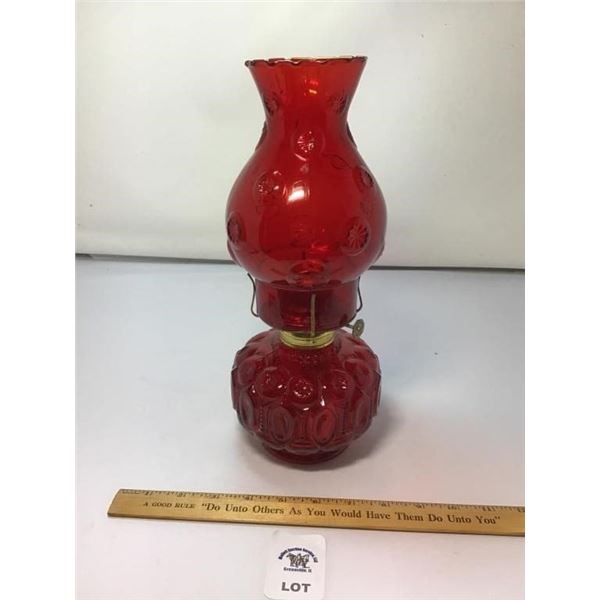 L E SMITH VINTAGE MOON & STARS RED GLASS OIL LAMP