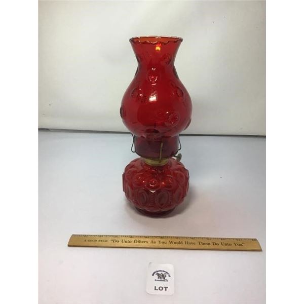 L E SMITH VINTAGE MOON & STARS RED GLASS OIL LAMP