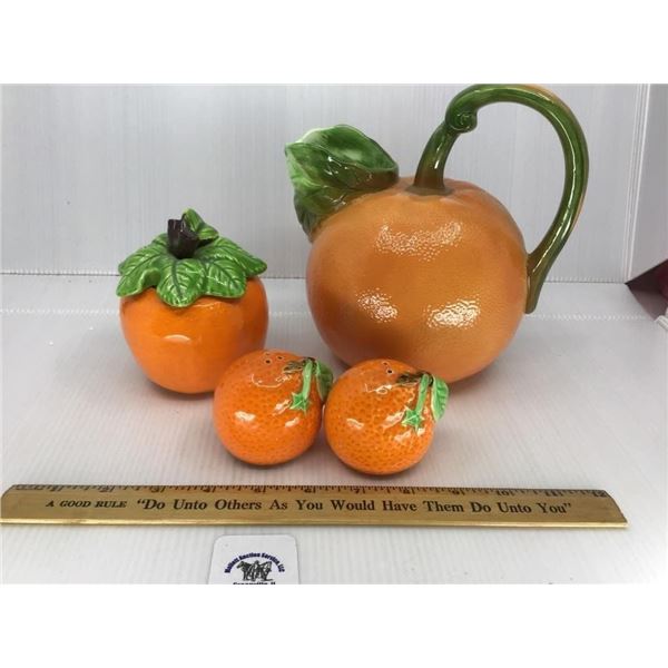 HALDON PITCHER, MISC SUGAR DISH AND SALT AND