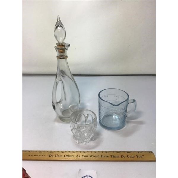 FIRE KING MEASURING CUP, CRUET, SMALL FOOTED VASE