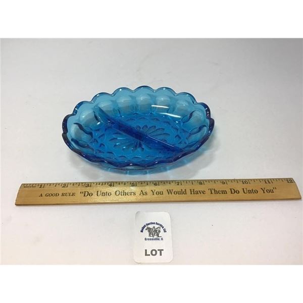 ANCHOR HOCKING BLUE GLASS DIVIDED RELISH DISH