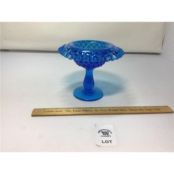 FENTON BLUE GLASS RUFFLED HOBNAIL CANDY DISH