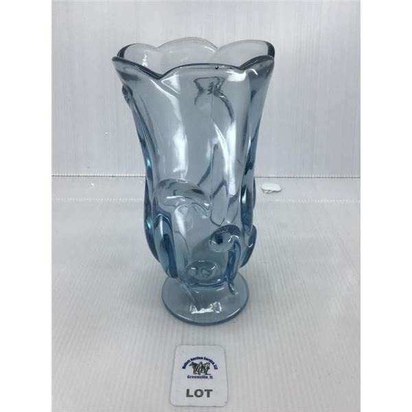 VINTAGE FENTON BLUE SCALLOPED FOOTED VASE 8.25