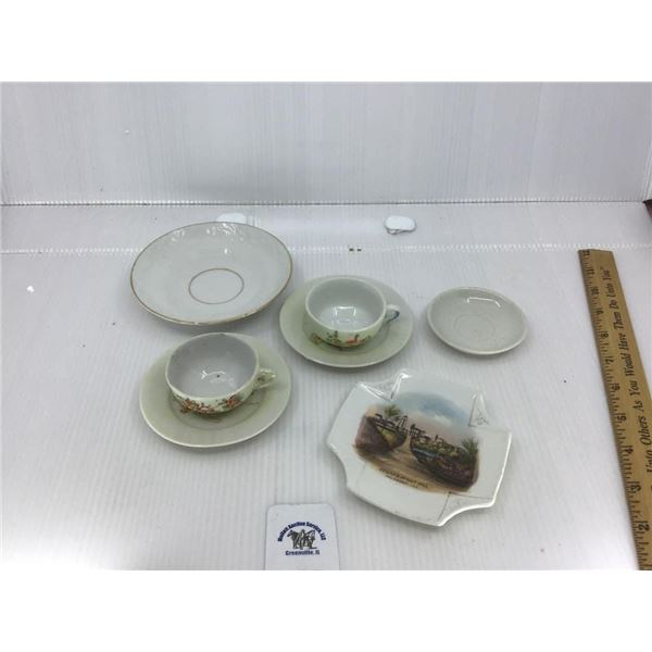JAPENESE TEA CUPS, SOUVENIR PLATE- HILLSBORO IL