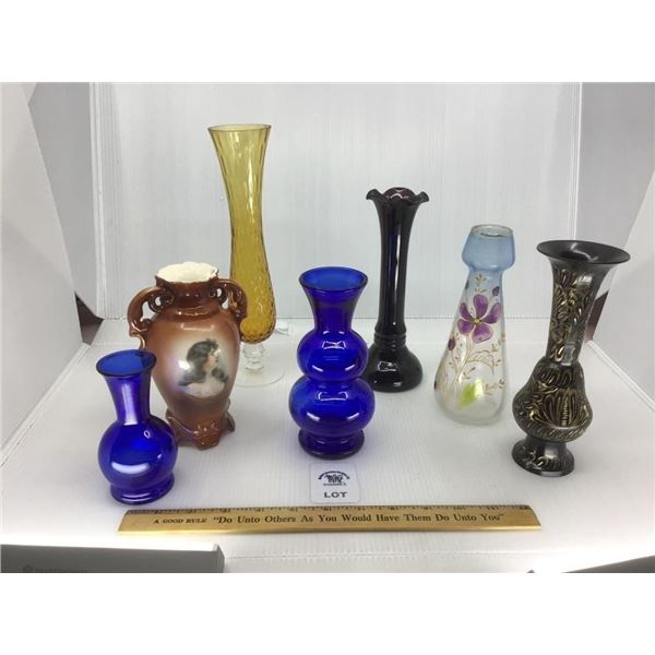 ASSORTMENT OF GLASS, METAL VASES