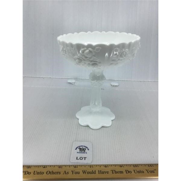 FENTON CABBAGE ROSE WHITE MILK GLASS COMPOTE