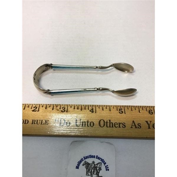 930 SILVER BLUE ENAMEL SUGAR TONGS