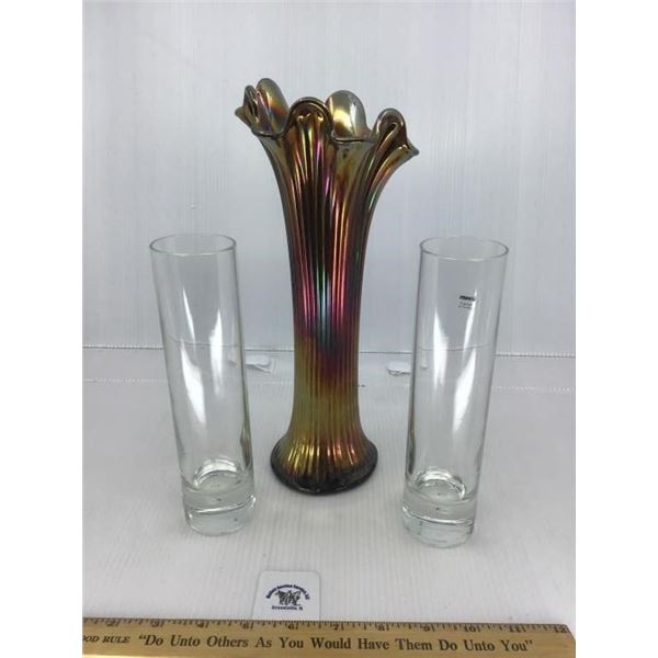 CROWNE CORNING VASES 2, CARNIVAL GLASS RIBBED