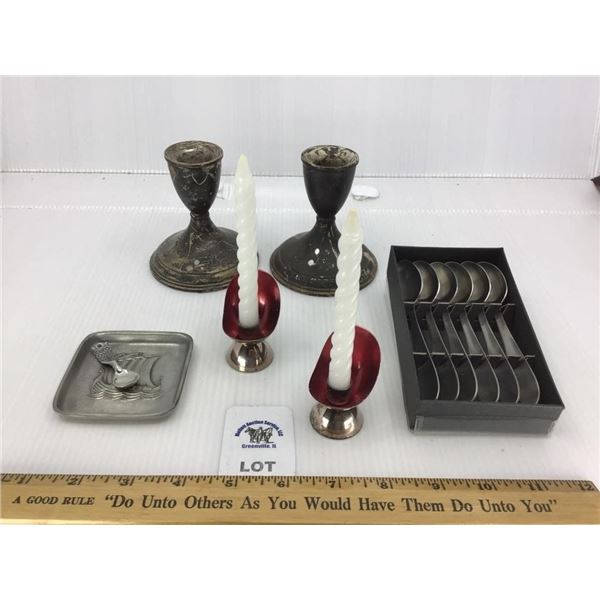 PEWTER, SILVER PLATE CANDLE HOLDERS, SPOONS