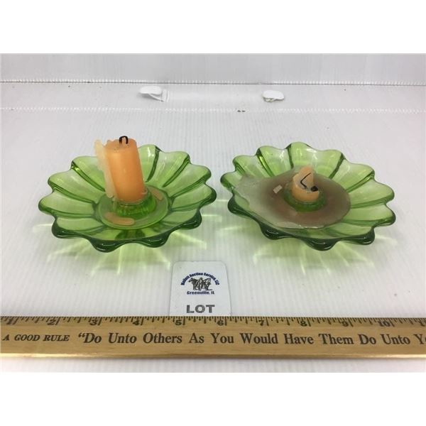 FOSTORIA GREEN GLASS CANDLE HOLDERS
