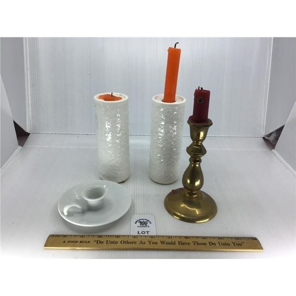BRASS CANDLESTICK, WHITE CERAMIC CANDLE STANDS,