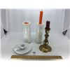Image 1 : BRASS CANDLESTICK, WHITE CERAMIC CANDLE STANDS,