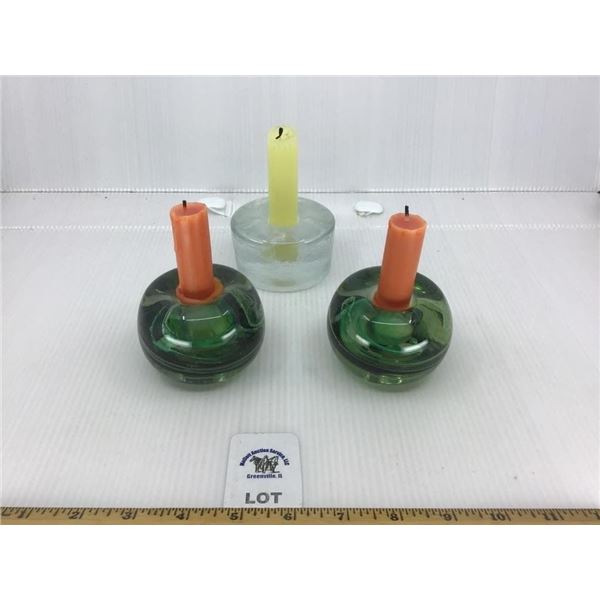MCM GREEN SWIRL GLASS CANDLE HOLDERS, FROSTED