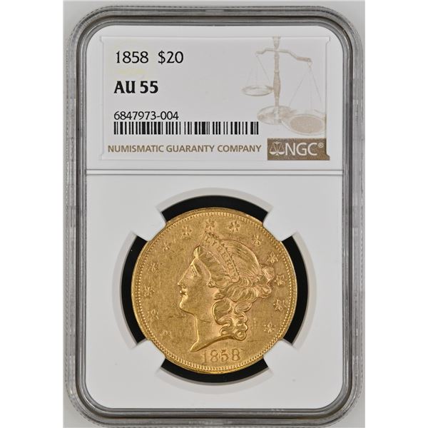 1858 $20 Liberty Head Gold Double Eagle NGC AU55