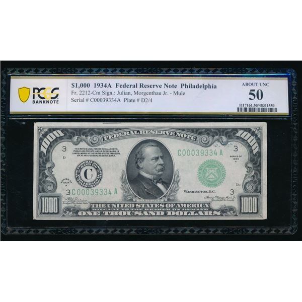 1934A $1000 Philadelphia FRN PCGS 50