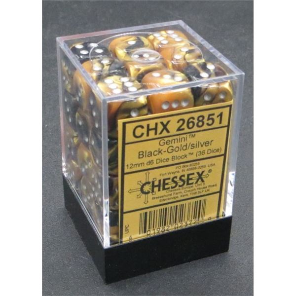 Chessex Gemini Black-Gold/silver 12mm d6 Dice Block (36 dice)
