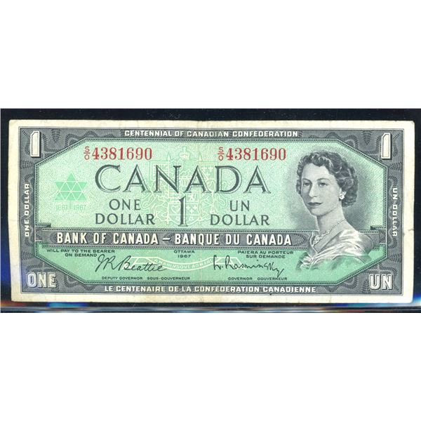 Canadian 1967 $1 One Dollar Centennial Banknote Serial #SO4381690