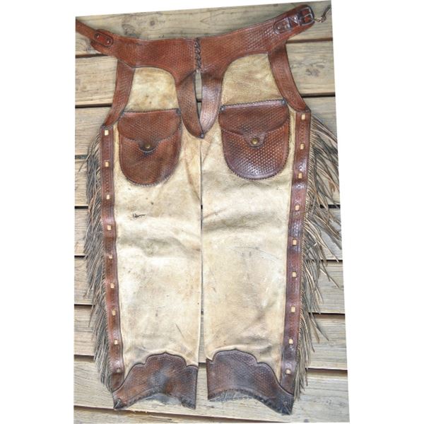 Lawrence unusual step chaps with tooled belt, pockets, and leg accents