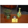 Image 1 : 7" GREEN GLAZED CERAMIC ISHIDORO (LANTERN), GREEN, YELLOW & BROWN CERAMIC VASE; SIGNED & TERRA COTTA