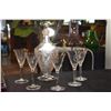 Image 2 : ETCHED FOOTED DECANTER W/STOPPER & CRYSTAL CORDIAL GLASSES (6 PCS)