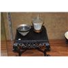 Image 2 : MIXED LOT: CARVED SERPENTINE CUP W/STAND, SILVER ORNAMENTED SERPENTINE BOWL & ELABORATE SQUARE W/STA