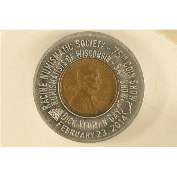 ENCASED 1938 LINCOLN WHEAT CENT. 2014 RACINE