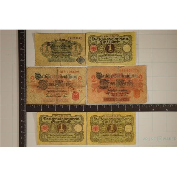 6 GERMAN MARK BILLS: 1914-1 MARK, 1914-2 MARK,